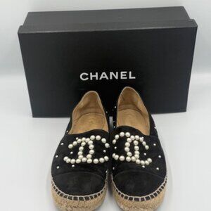 CHANEL Pearl CC Espadrilles Black Suede Size 37 Authentic